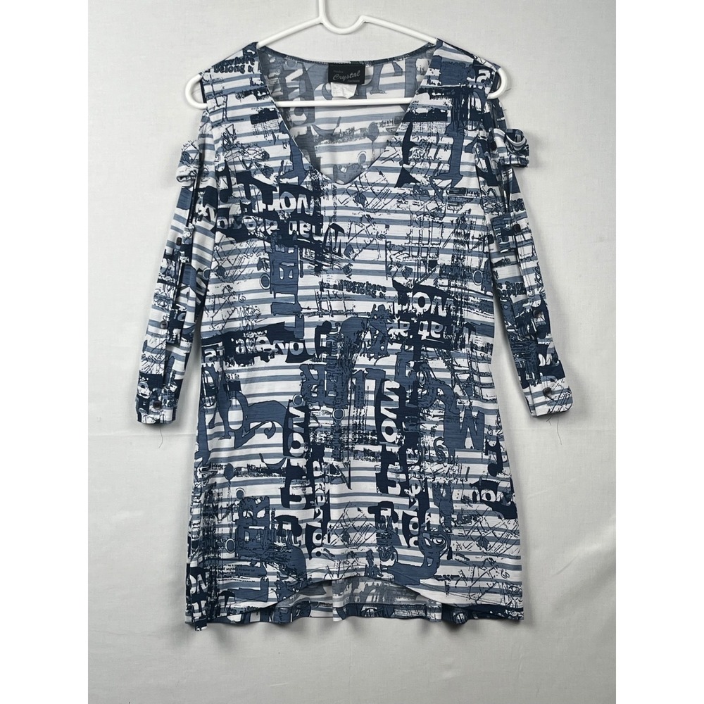 Crystal Fashions Cold Shoulder Graphic Print V-Neck Top Womens Size M Blue White